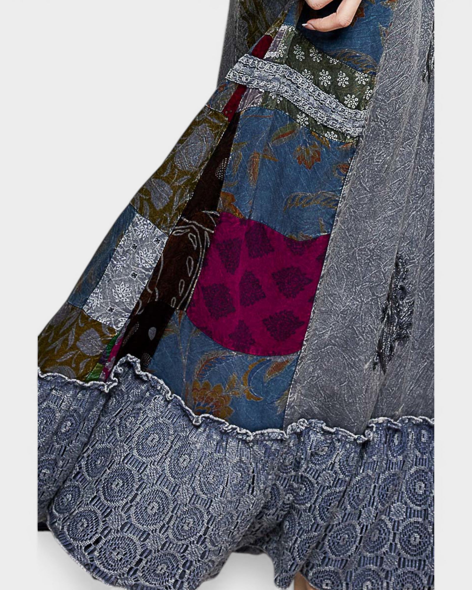 Patchwork fabric with various patterns and colors on a white background