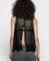Person wearing a black lace sleeveless top against a white background