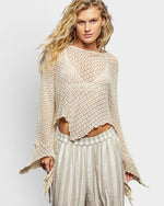 Cream Cotton Open Knit Bell Sleeve Top
