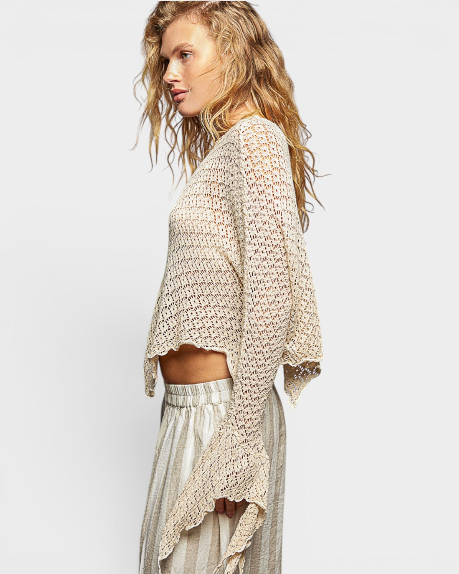 Cream Cotton Open Knit Bell Sleeve Top