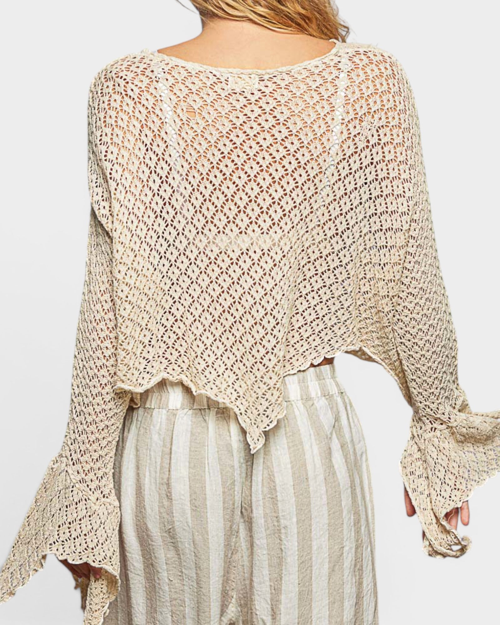 Cream Cotton Open Knit Bell Sleeve Top