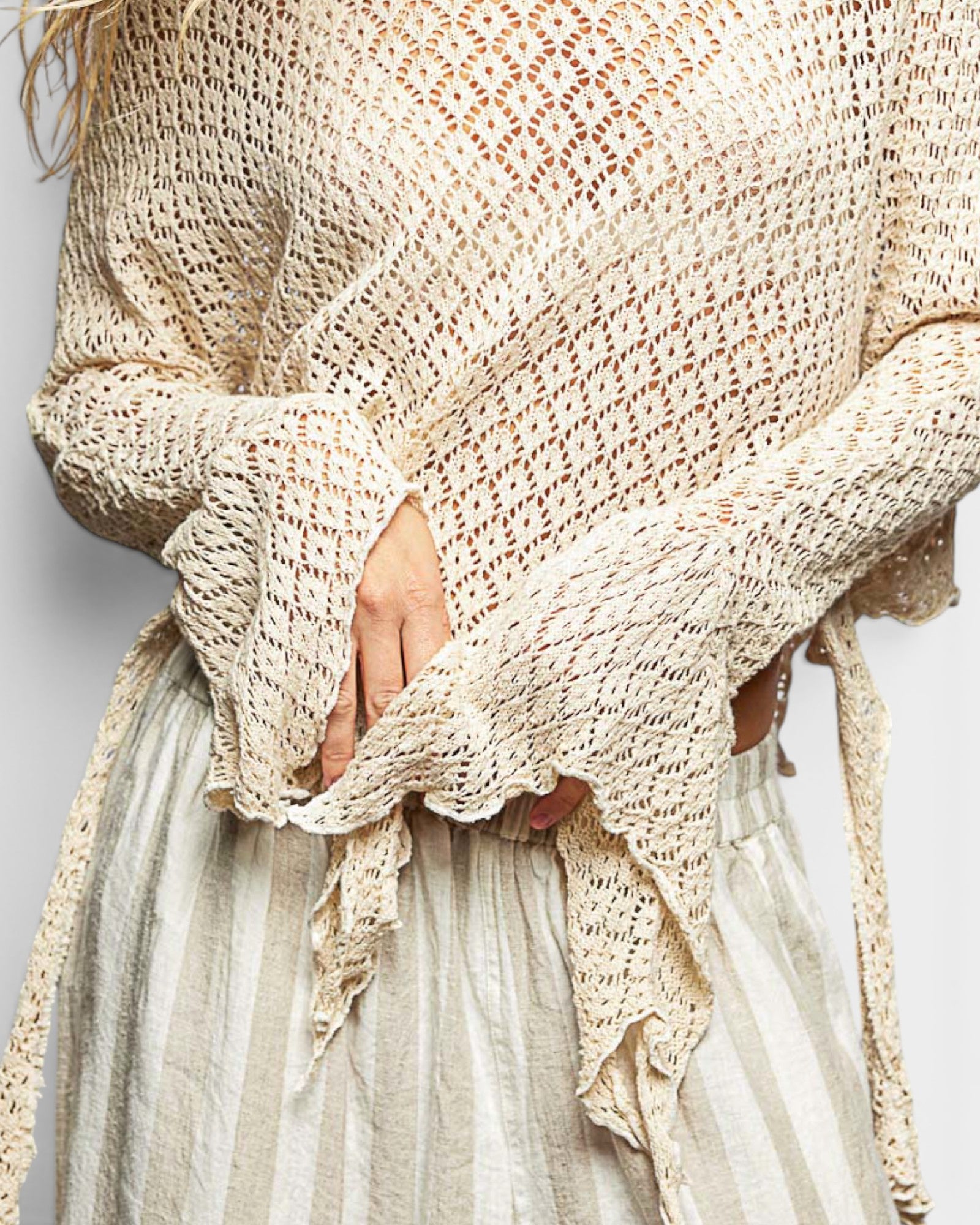 Cream Cotton Open Knit Bell Sleeve Top
