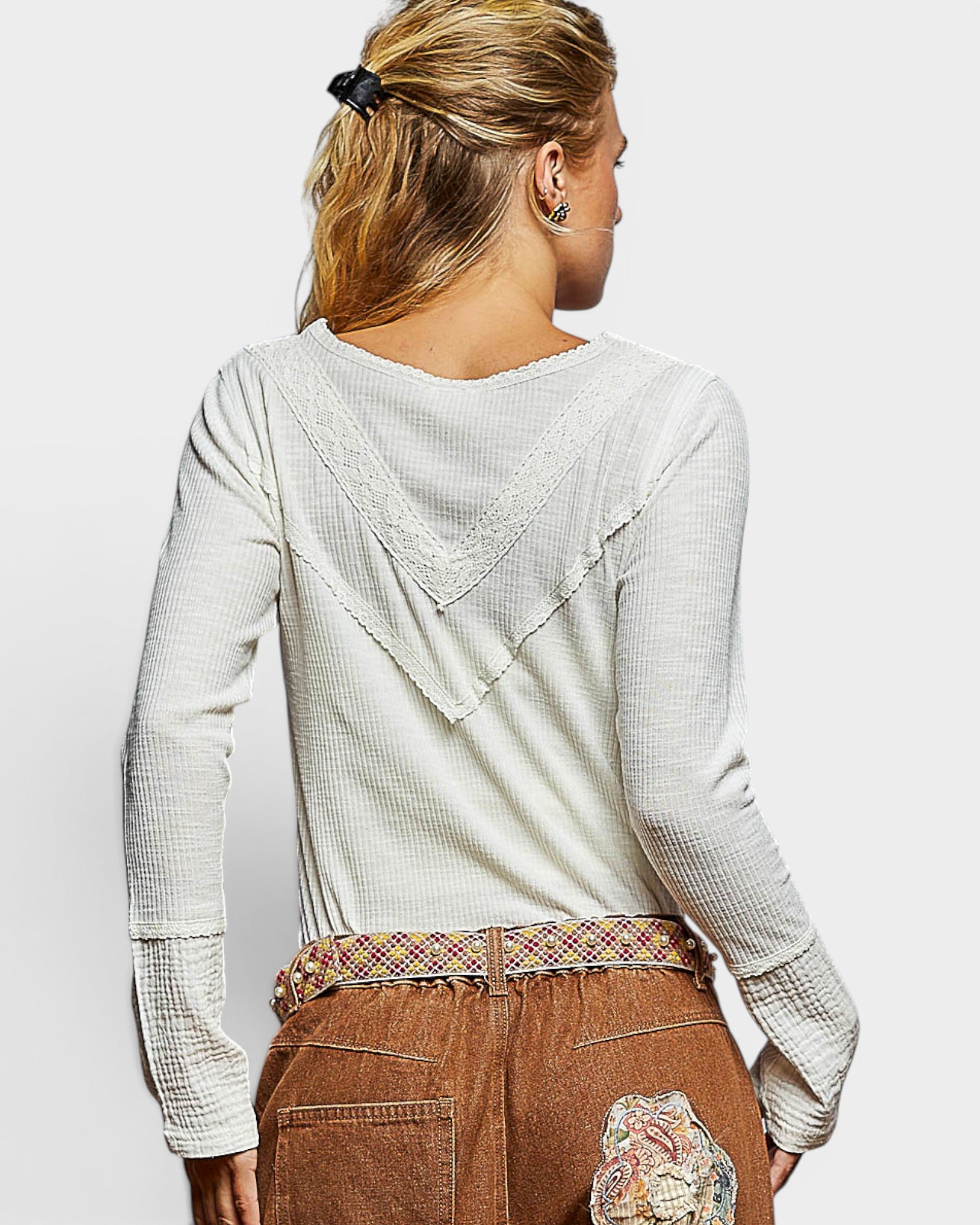 Ivory Lace Trim Henley Top