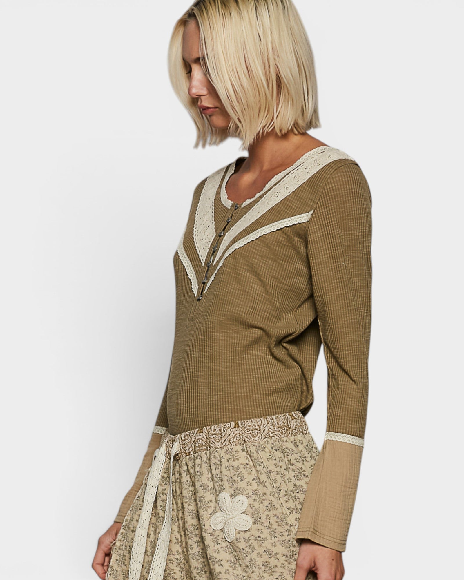 Olive Lace Trim Henley Top
