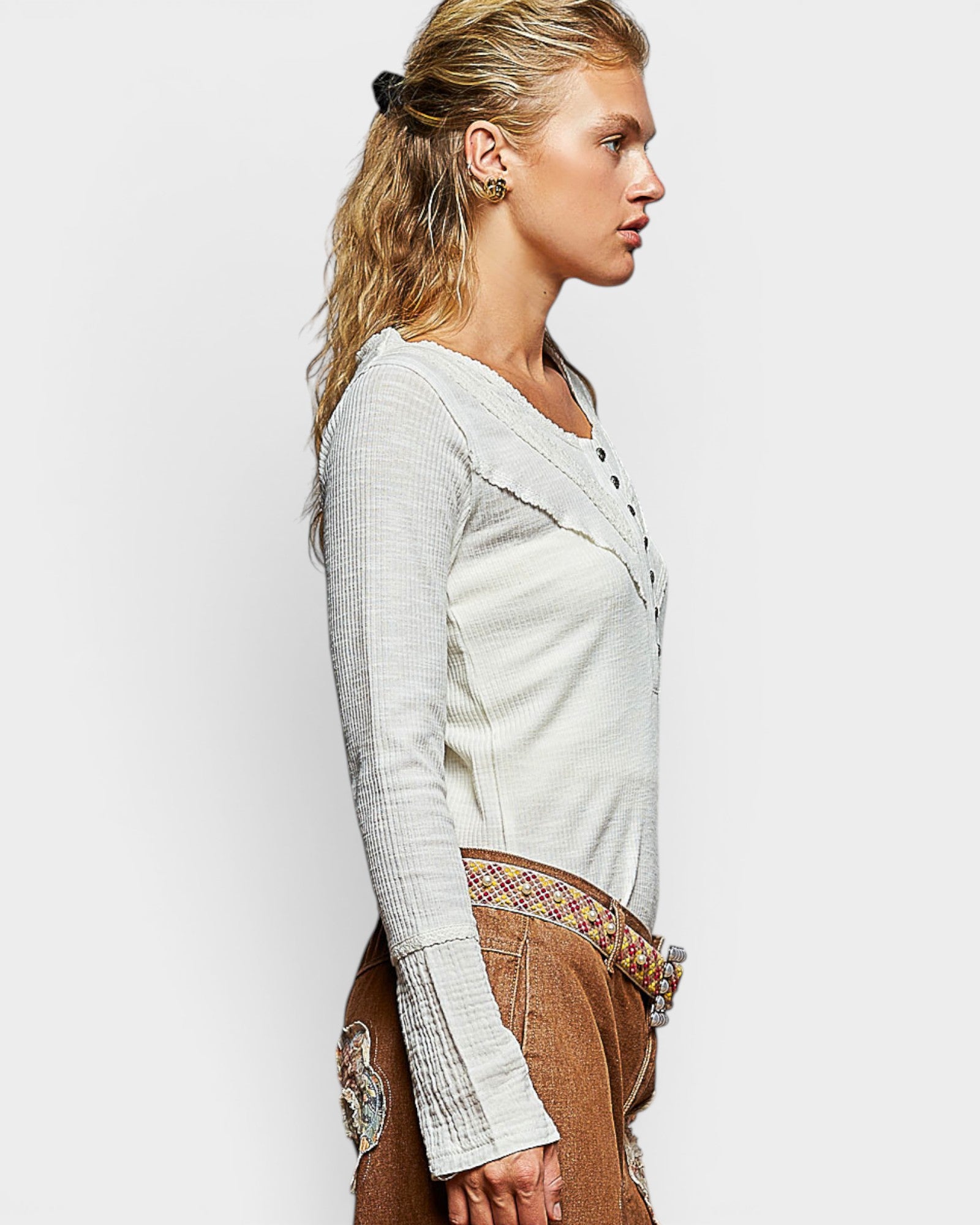 Ivory Lace Trim Henley Top