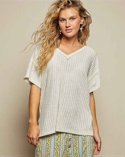 Natural Ribbed V-Neck Relaxed Tee