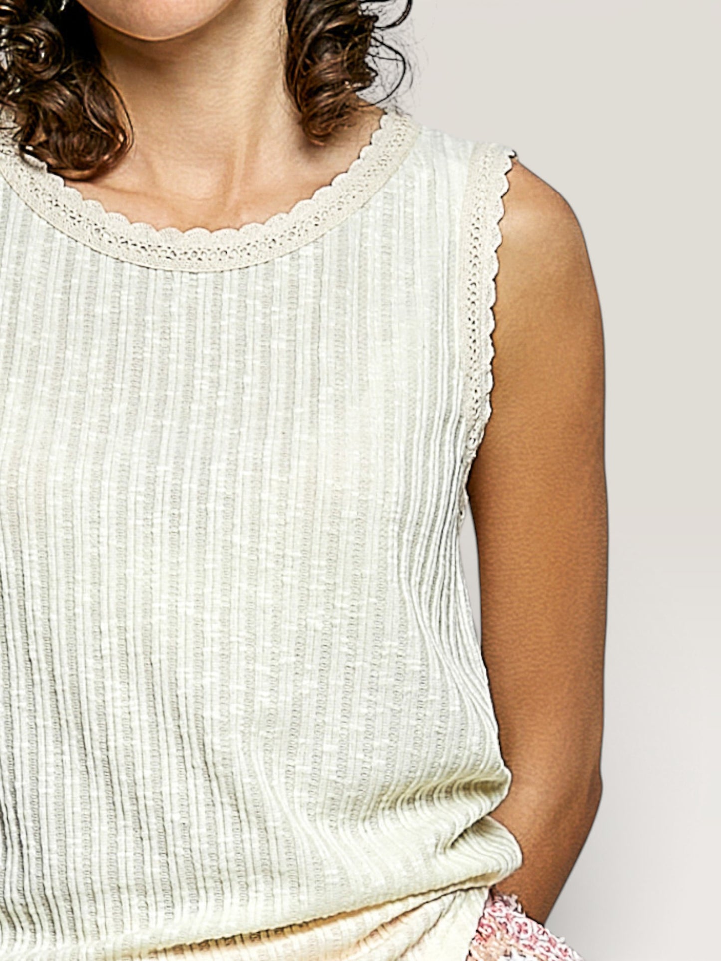 Ivory Ribbed Lace Trim Tank