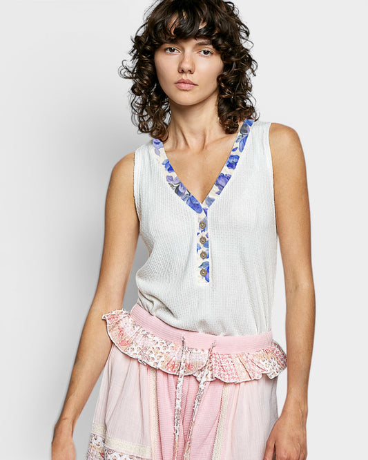Ivory Floral Trim Waffle Knit Tank