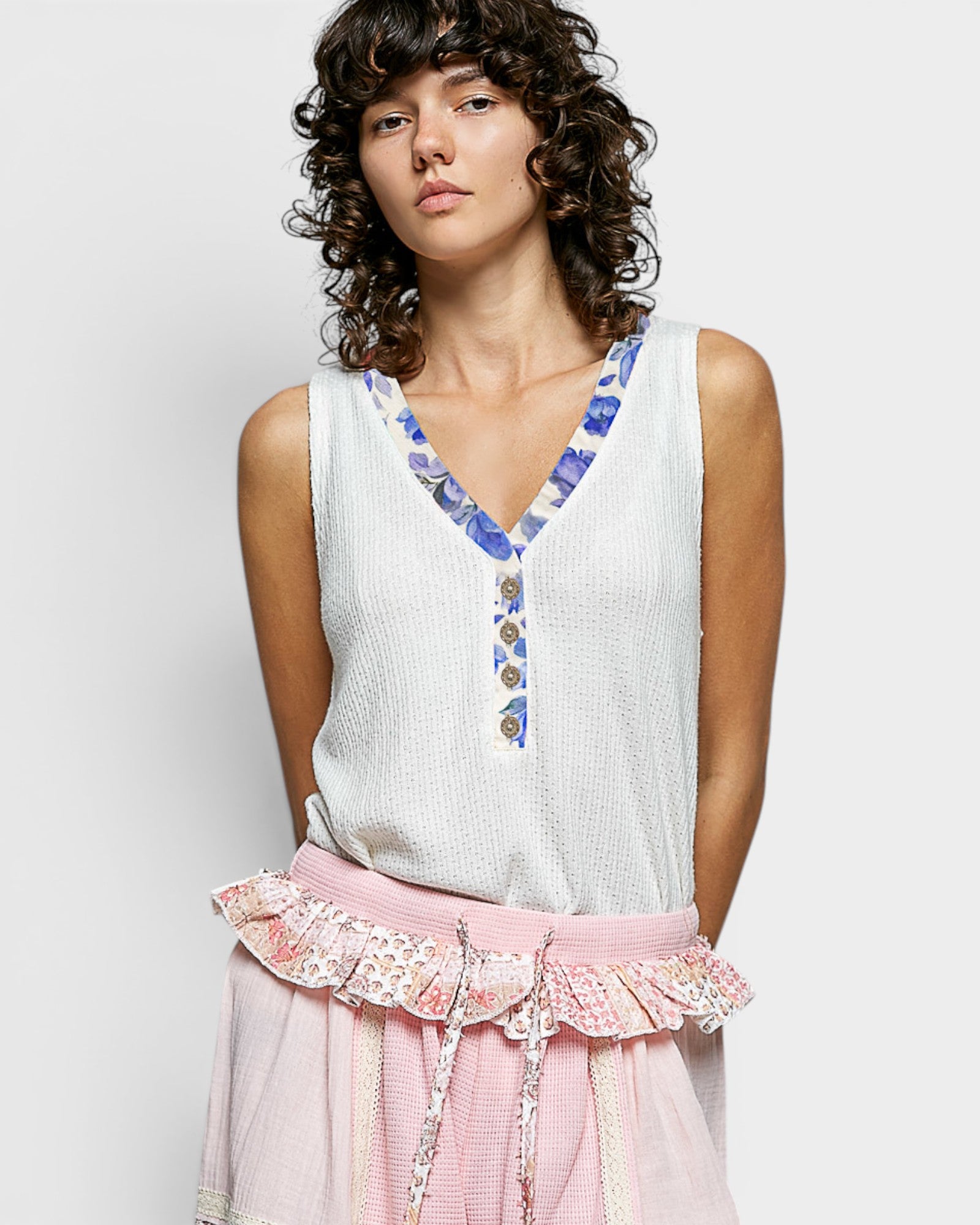Ivory Floral Trim Waffle Knit Tank