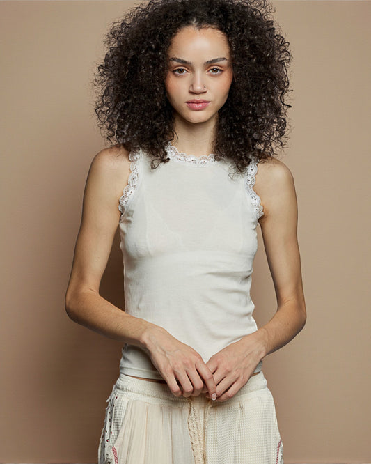 Soft Ivory Lace Trim Sleeveless Tank