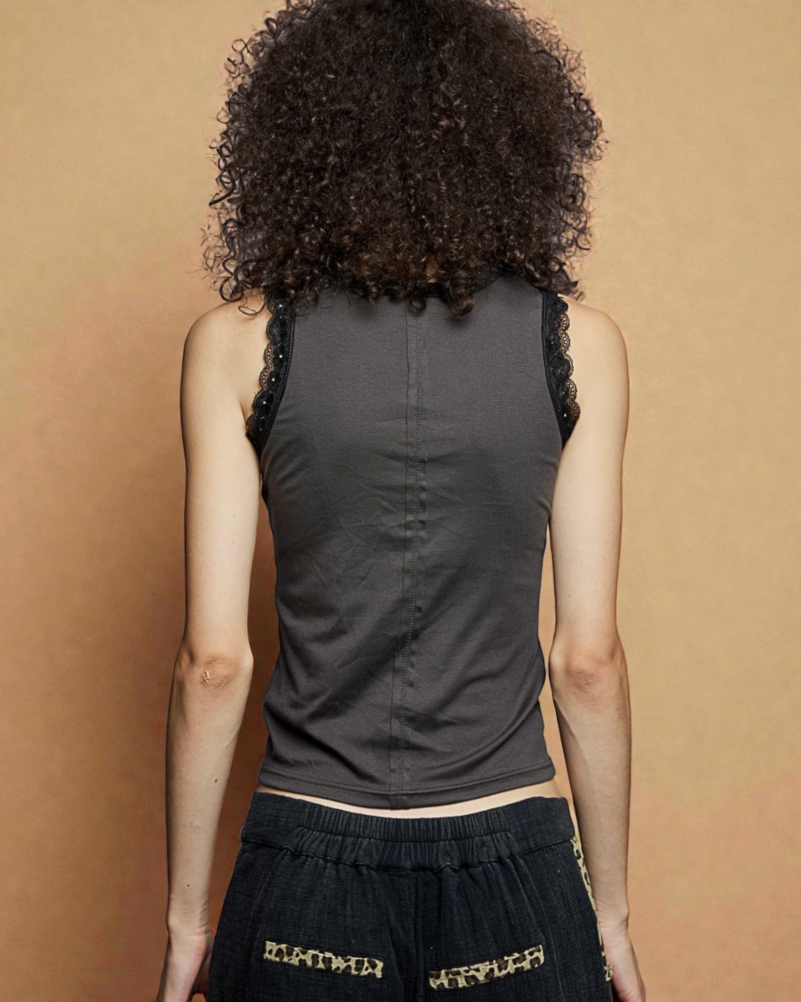 Charcoal Lace Trim Sleeveless Tank