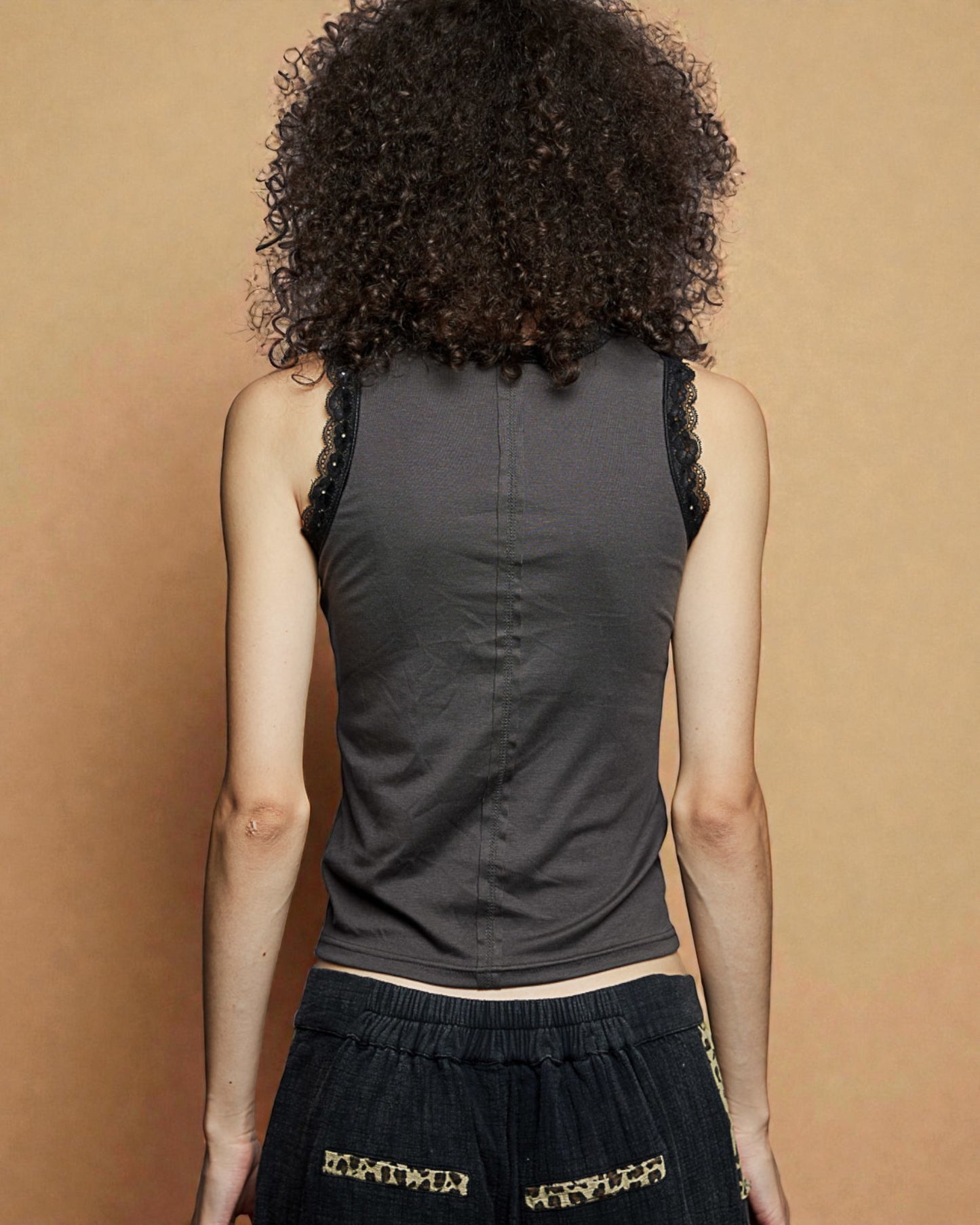 Charcoal Lace Trim Sleeveless Tank