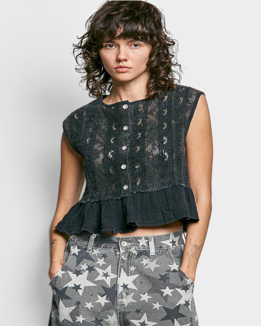 Black Lace Button-Front Peplum Top