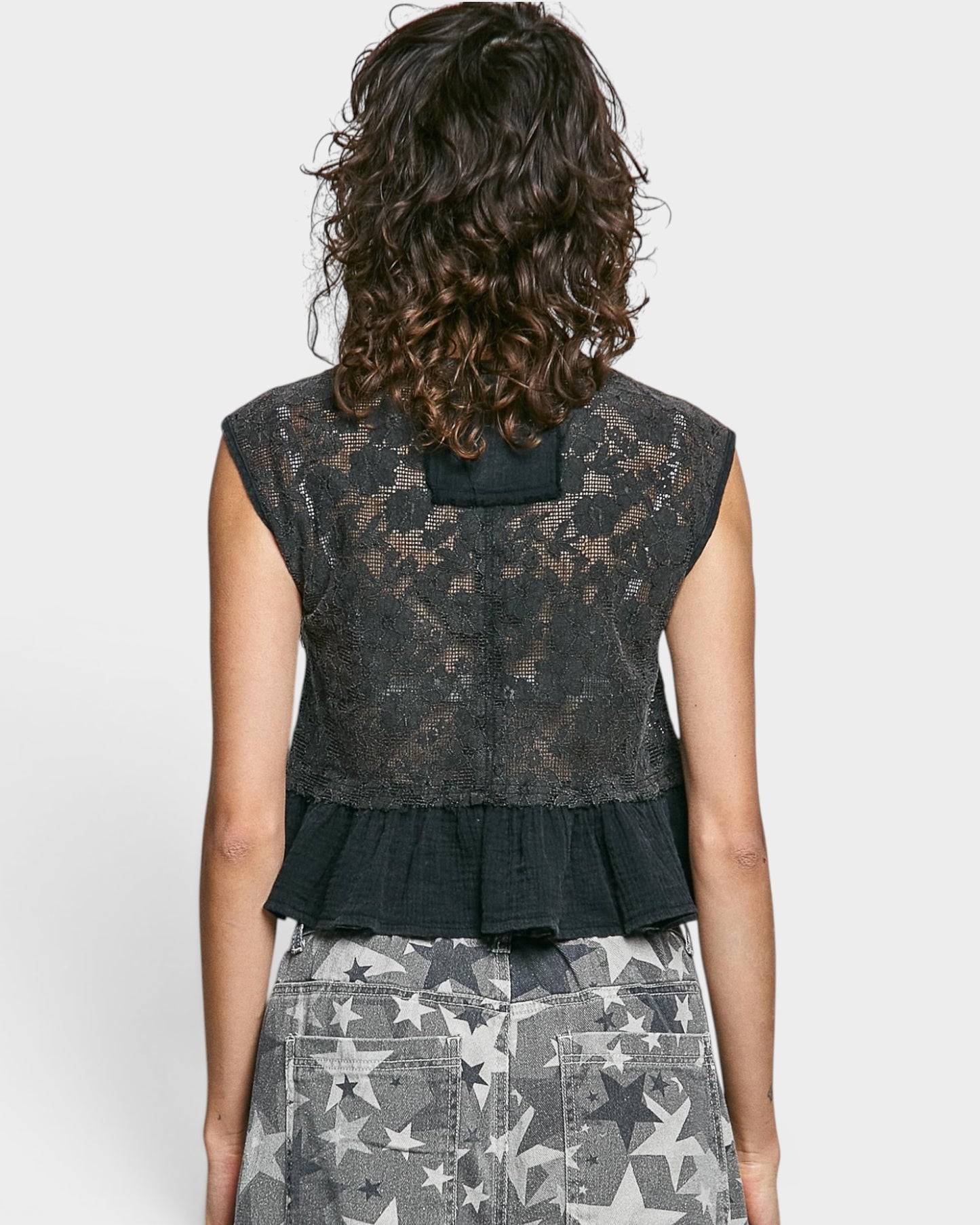 Black Lace Button-Front Peplum Top
