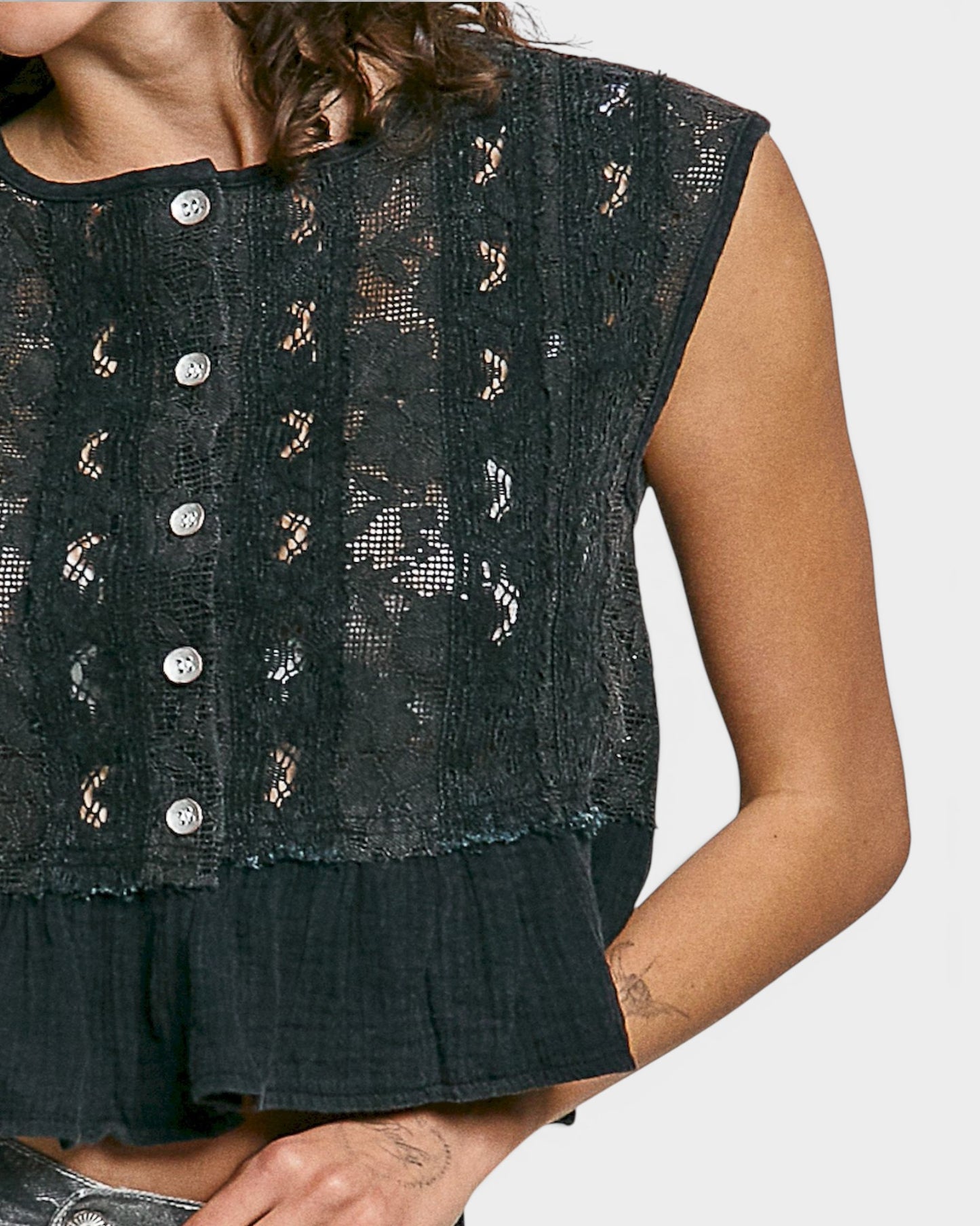 Black Lace Button-Front Peplum Top