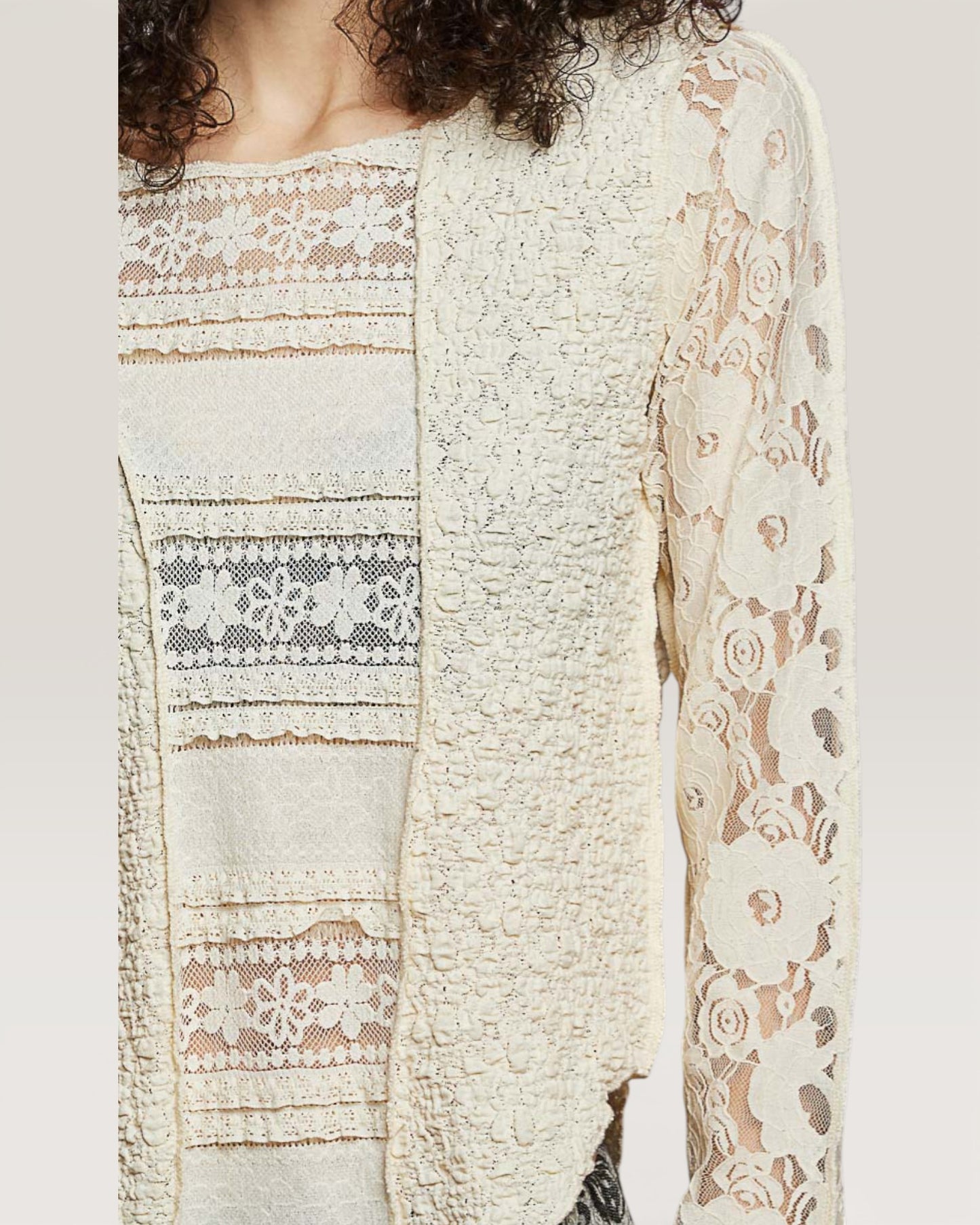 Light-colored lace garment with intricate patterns on a neutral background