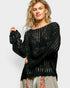 Woman wearing a black knit sweater with a white background