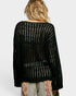 Black textured sweater worn by a person on a white background