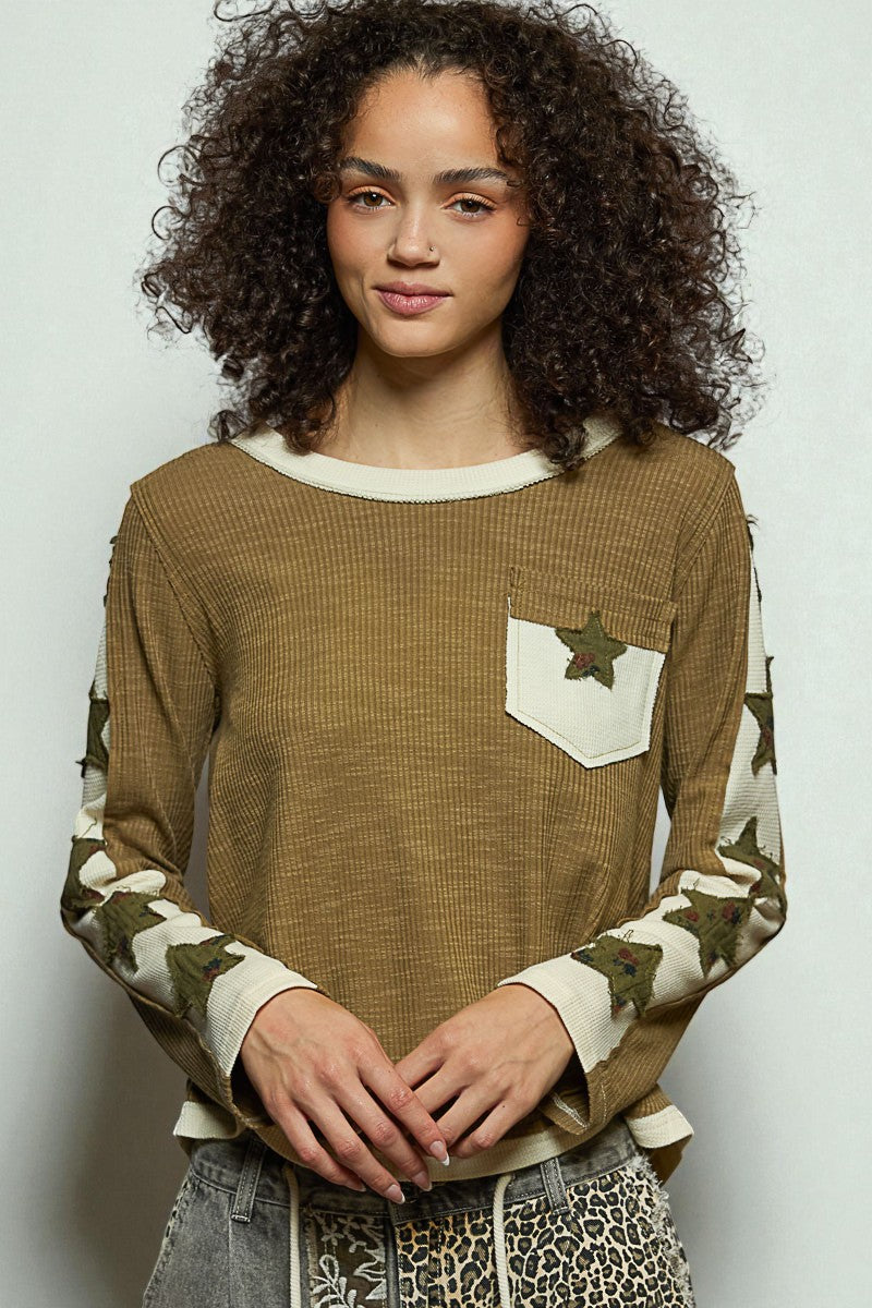 Olive Star Patch Long Sleeve Top
