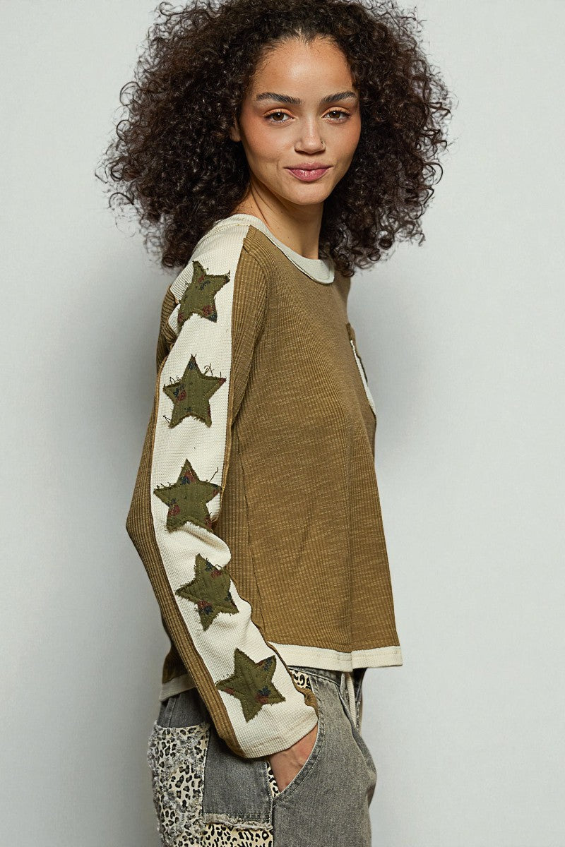 Olive Star Patch Long Sleeve Top