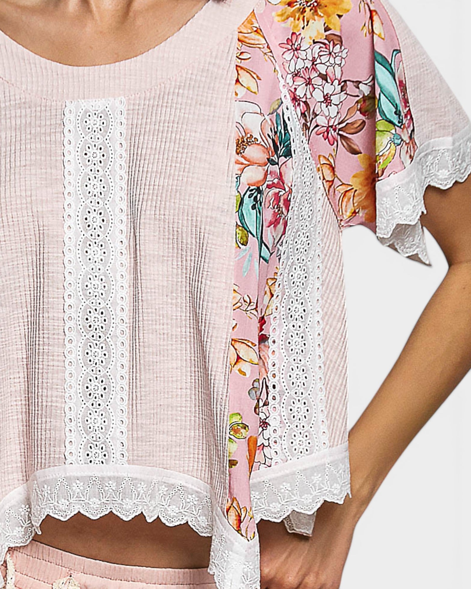 Close-up of a garment with floral sleeves and lace trim on a white background