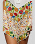 Colorful floral-patterned garment held by a person on a plain background