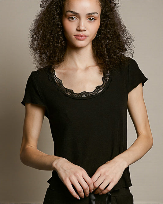 Black Lace Trim Crop Tee