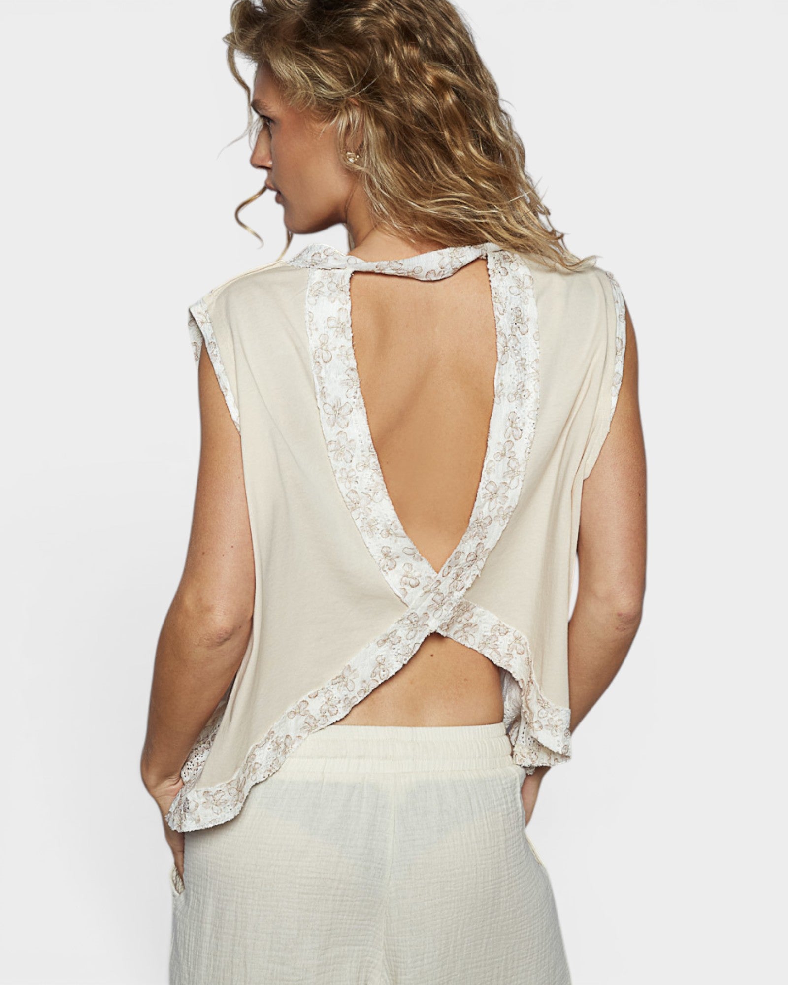 Ivory Lace Trim Open Back Top