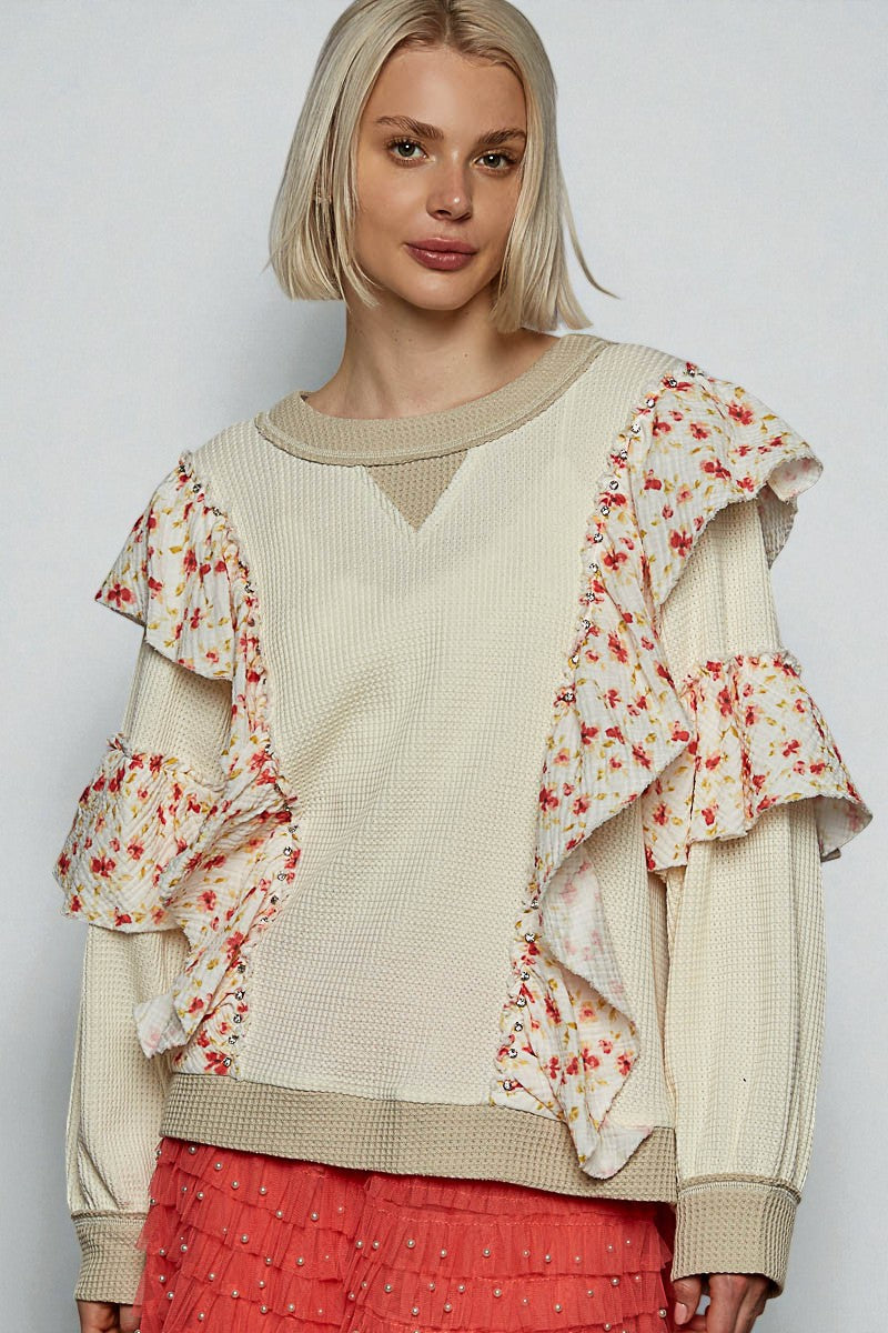 Cream & Floral Ruffle Patchwork Top
