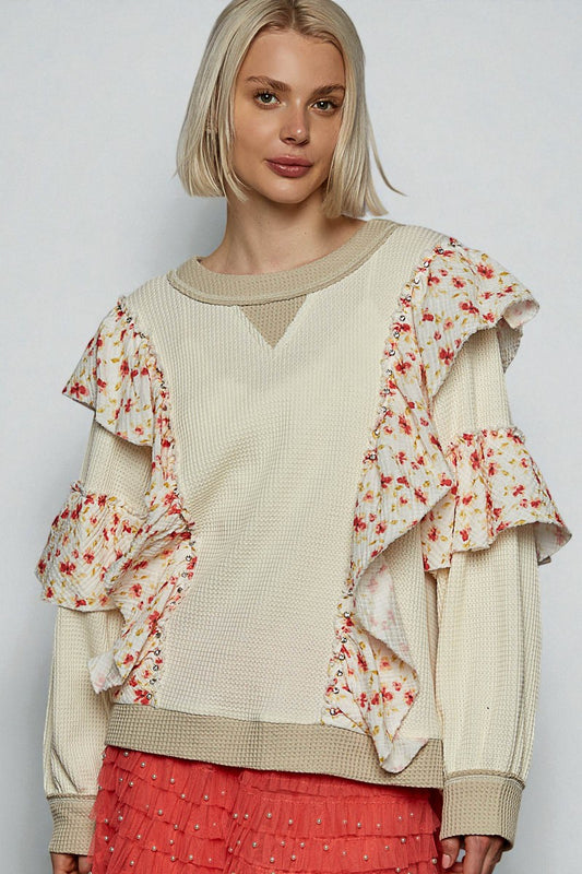 Cream & Floral Ruffle Patchwork Top