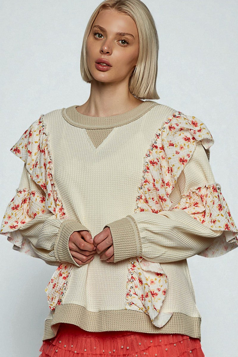 Cream & Floral Ruffle Patchwork Top