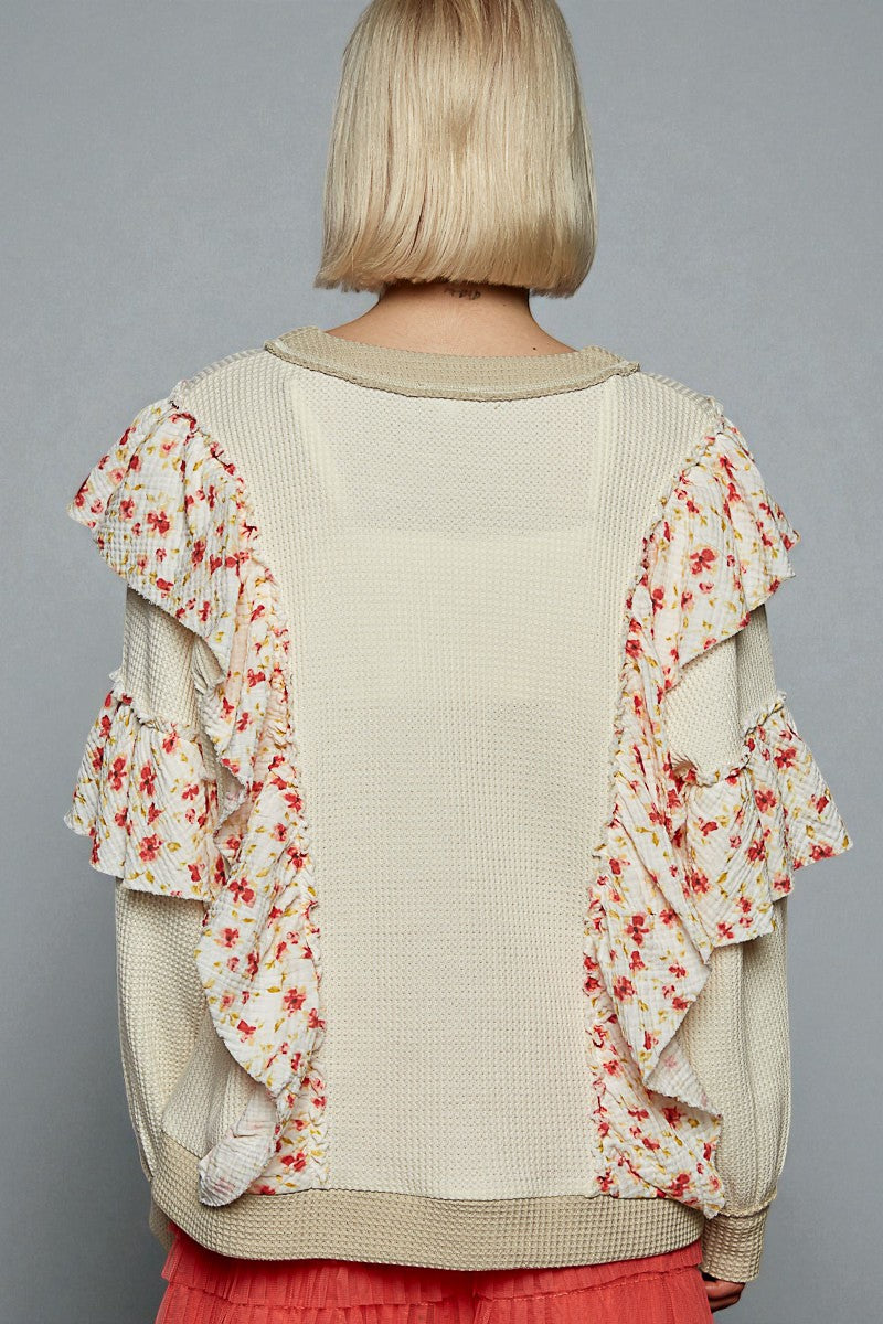 Cream & Floral Ruffle Patchwork Top
