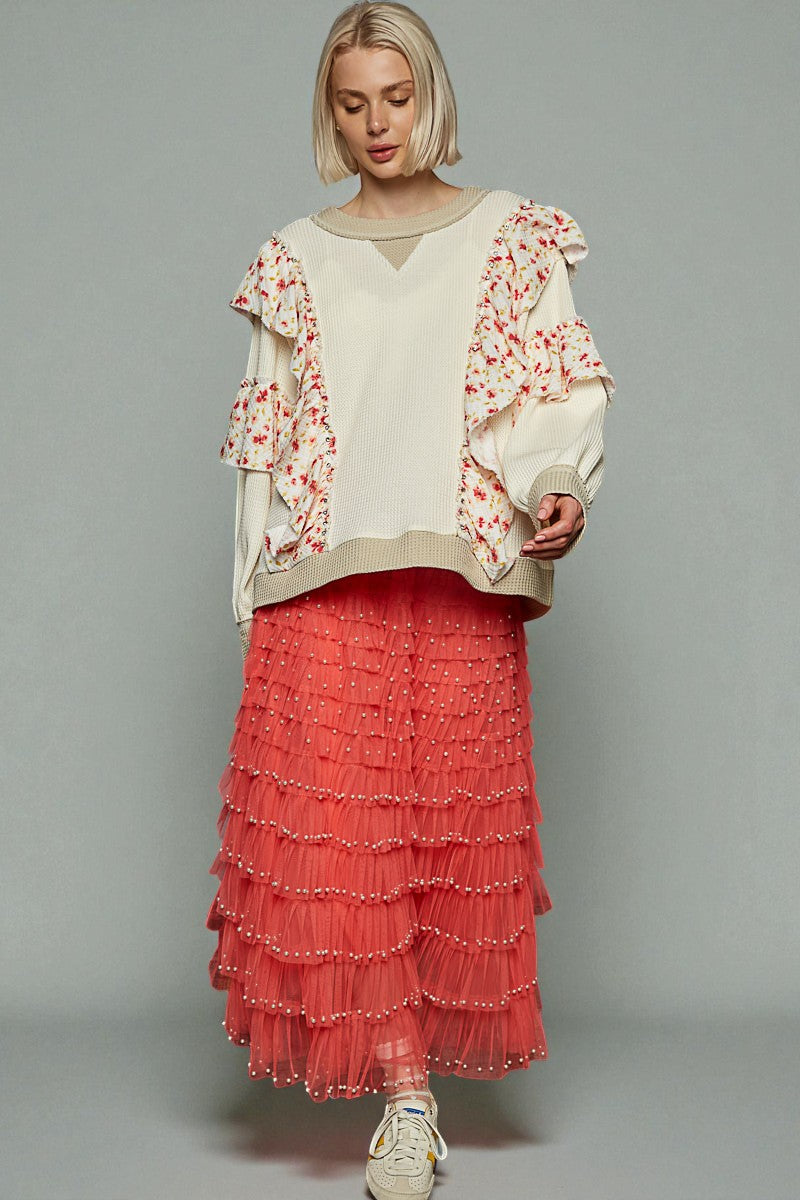 Cream & Floral Ruffle Patchwork Top