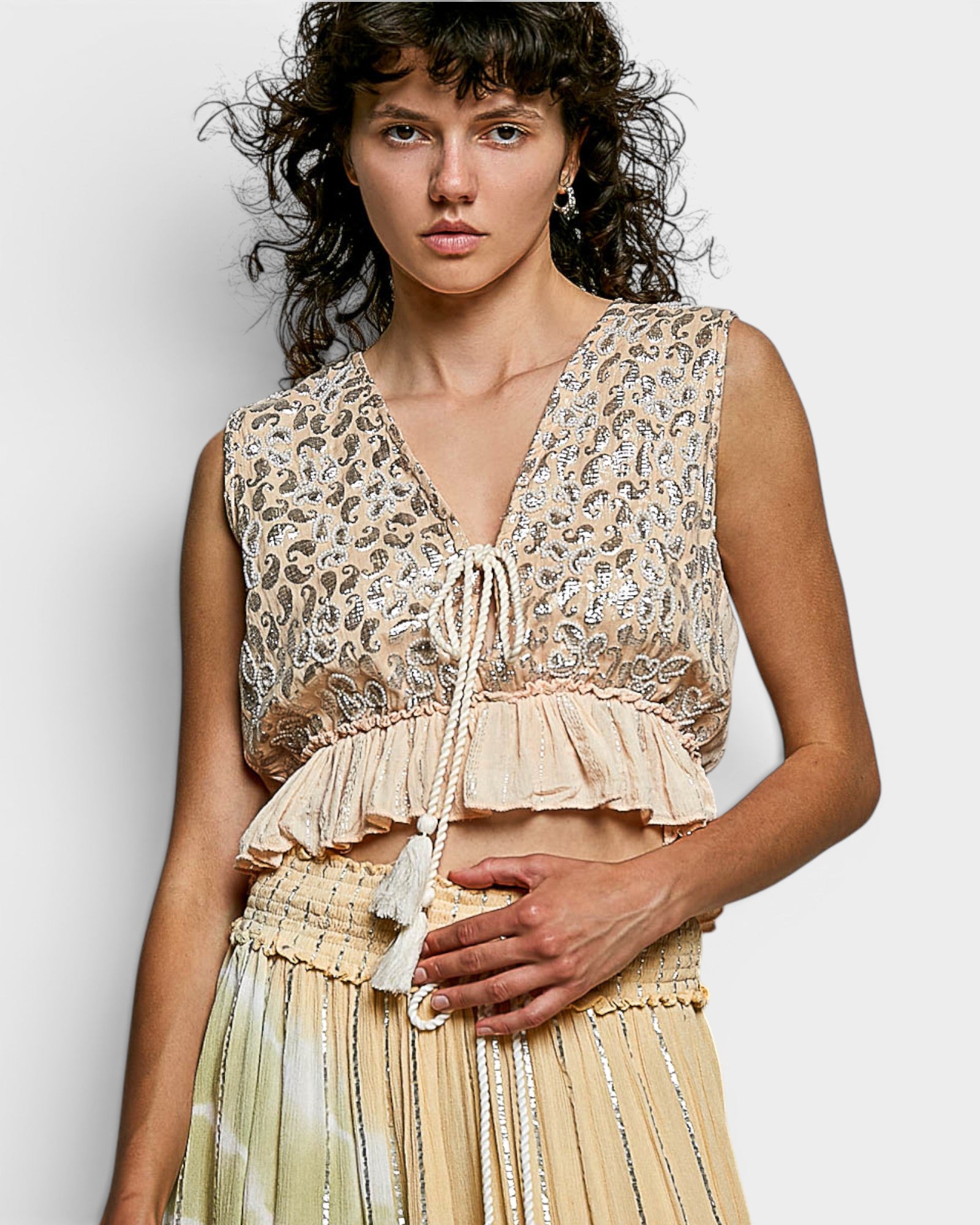 Coral Haze Tie Front Ruffle Crop Top