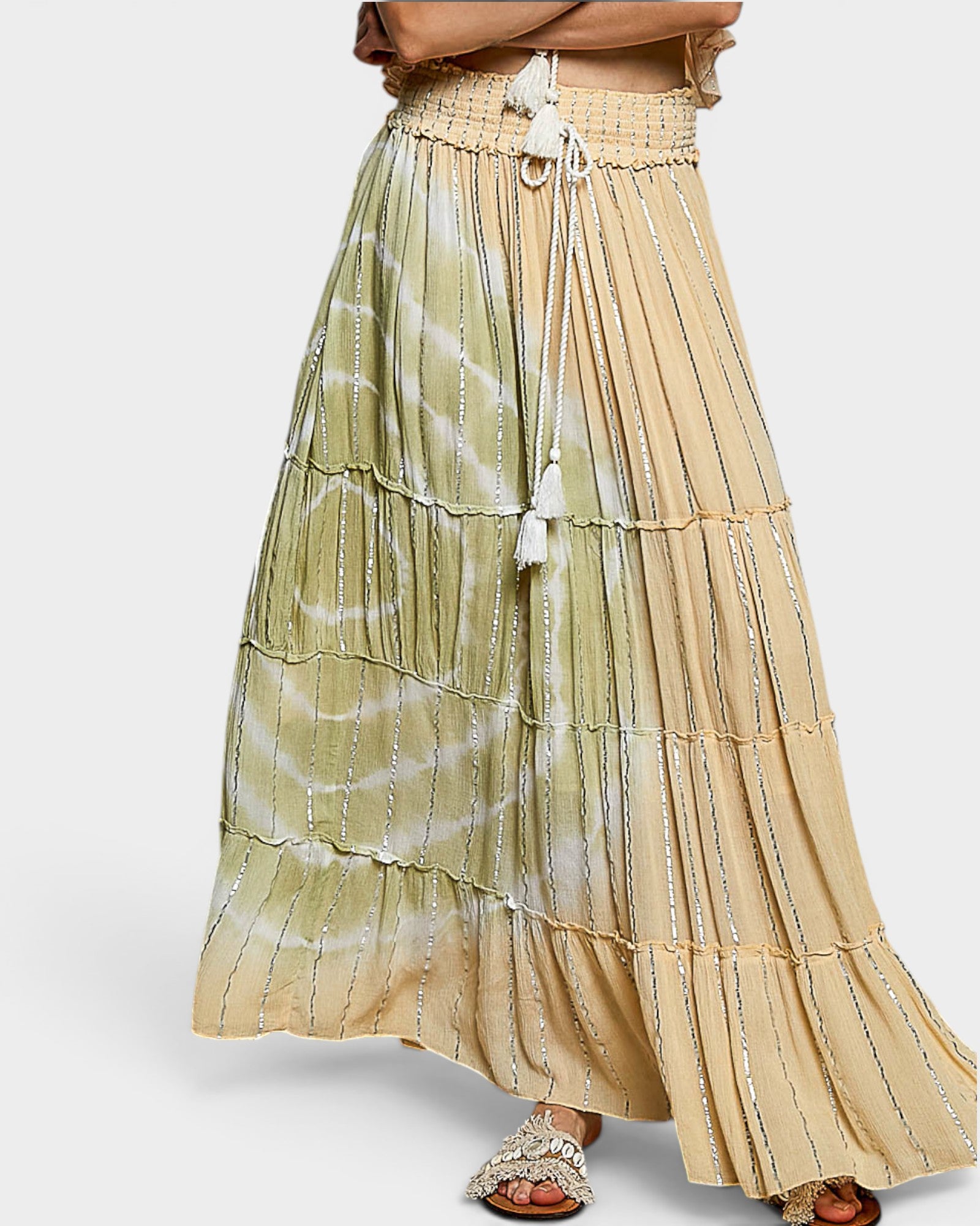 Coral Haze Metallic Stripe Tiered Maxi Skirt