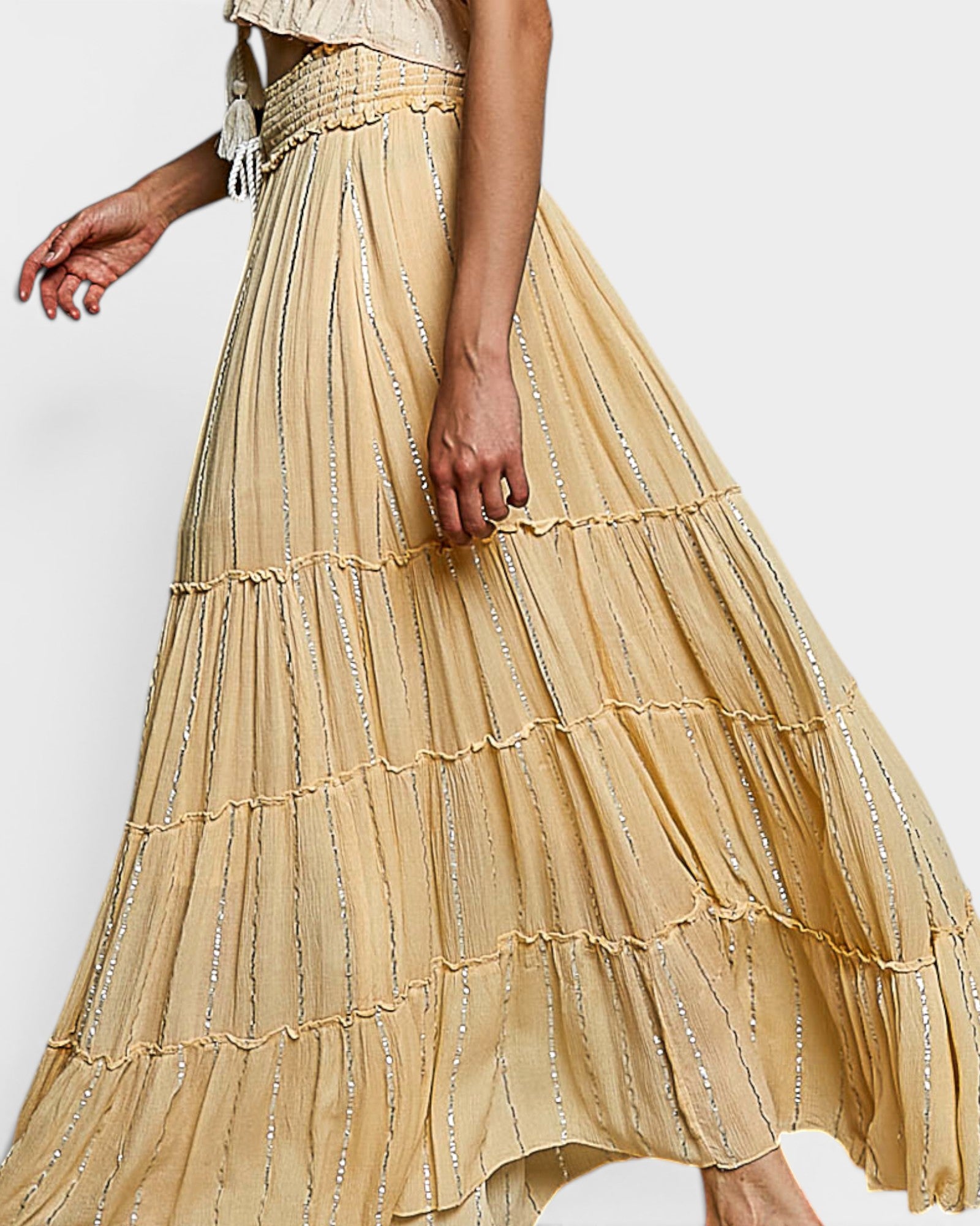 Coral Haze Metallic Stripe Tiered Maxi Skirt