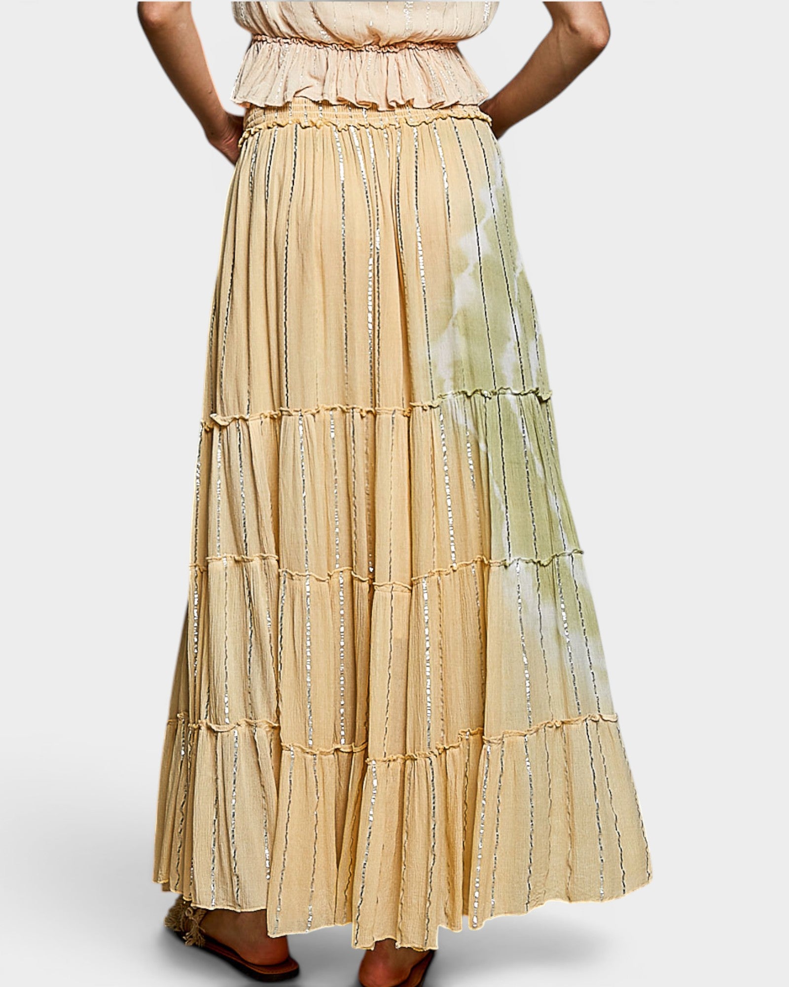 Coral Haze Metallic Stripe Tiered Maxi Skirt