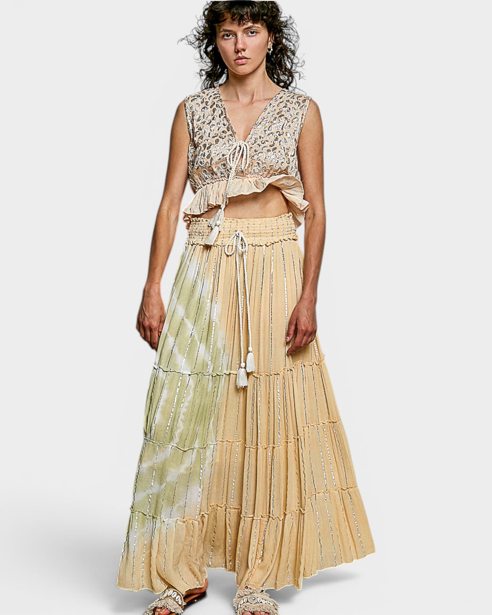Coral Haze Metallic Stripe Tiered Maxi Skirt