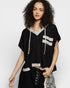 Black Floral Trim Hooded Open-Back Ribbed Top