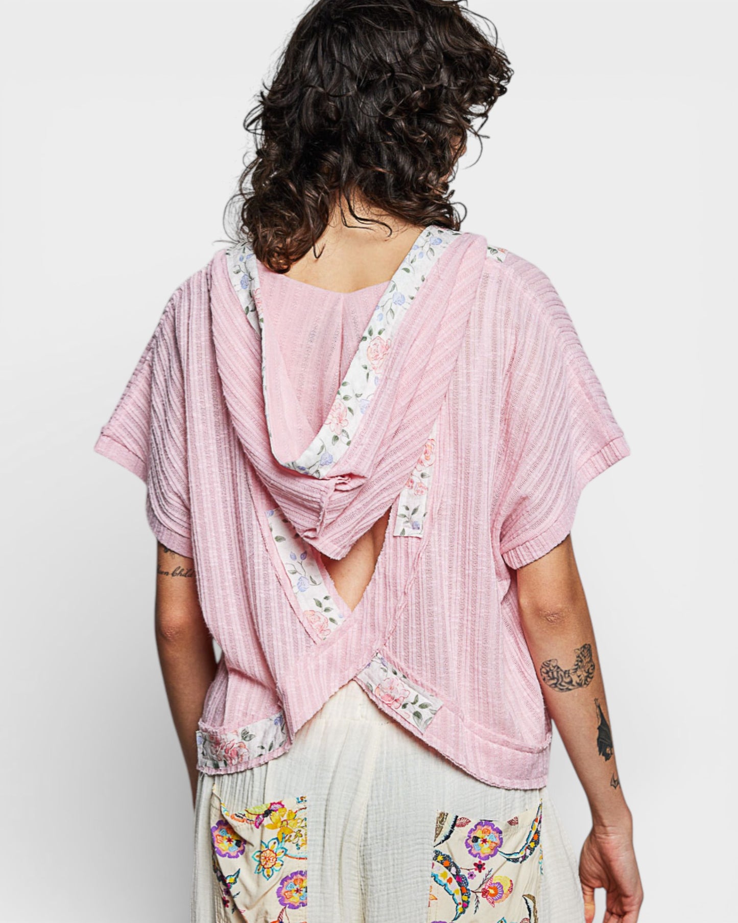 Pink Floral Trim Hooded Open-Back Ribbed Top