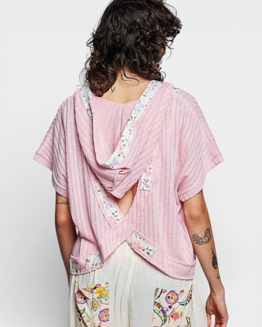 Pink Floral Trim Hooded Open-Back Ribbed Top