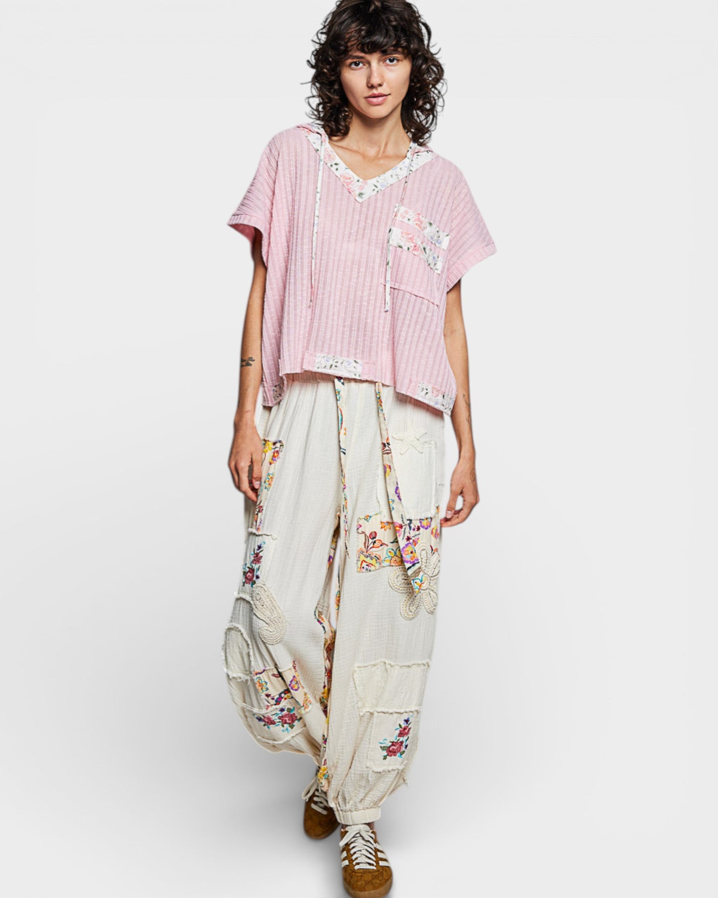 Pink Floral Trim Hooded Open-Back Ribbed Top