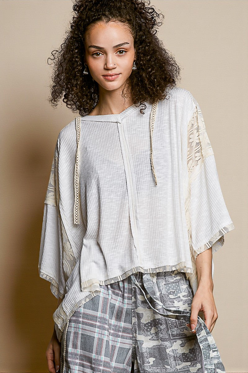 Soft Ivory Lace Trim Hooded Top