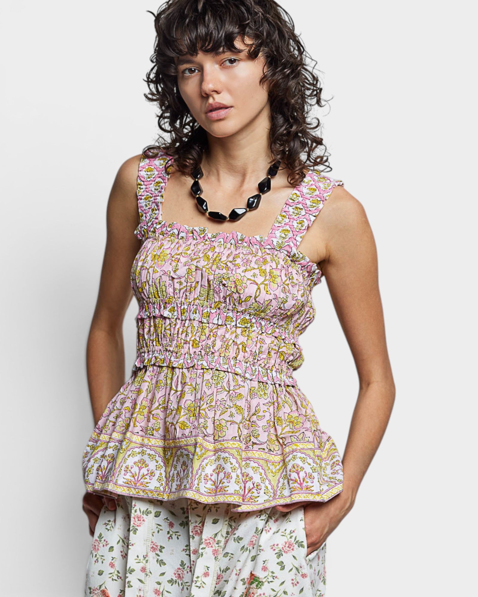 Blush & Lemon Floral Smocked Peplum Tank Top