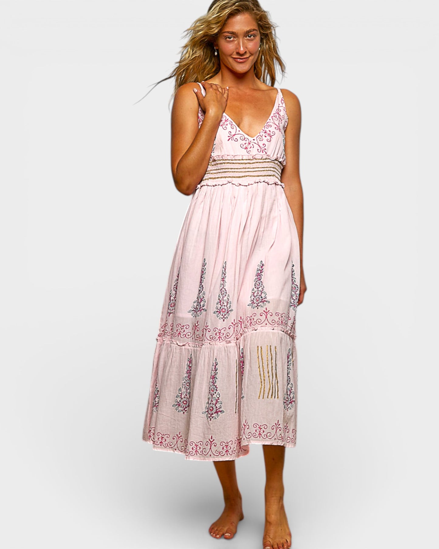 Blush & Black Printed Smocked Midi Dress