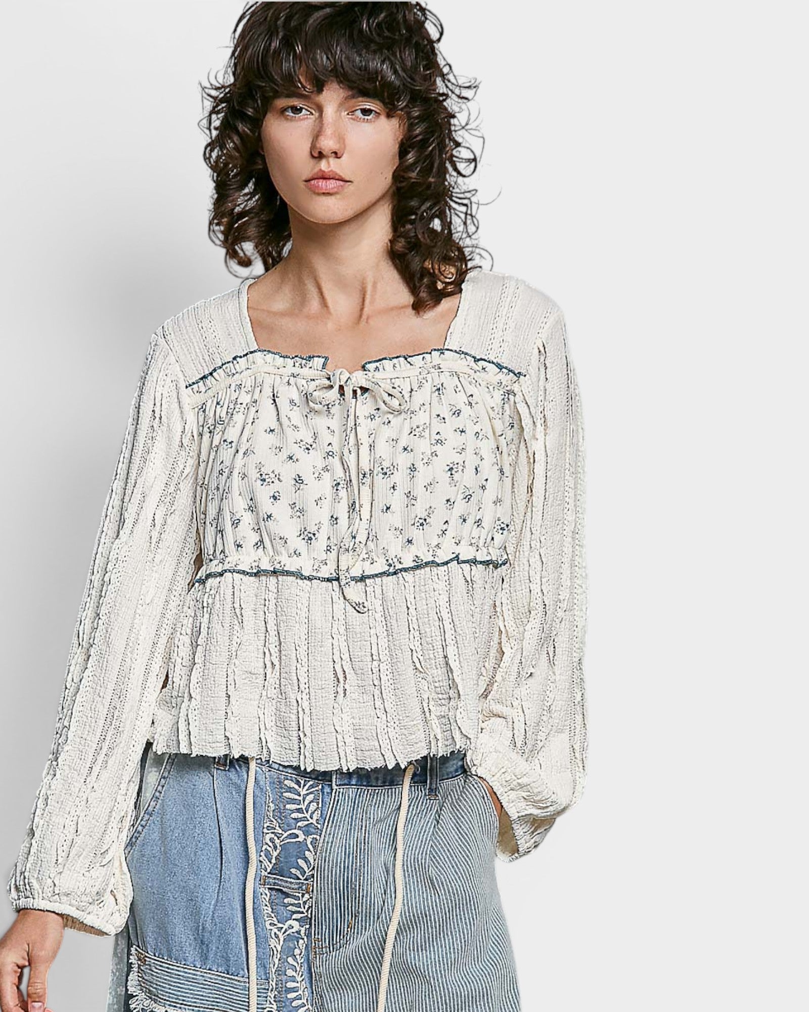 Ivory Mixed Texture Tie-Front Top