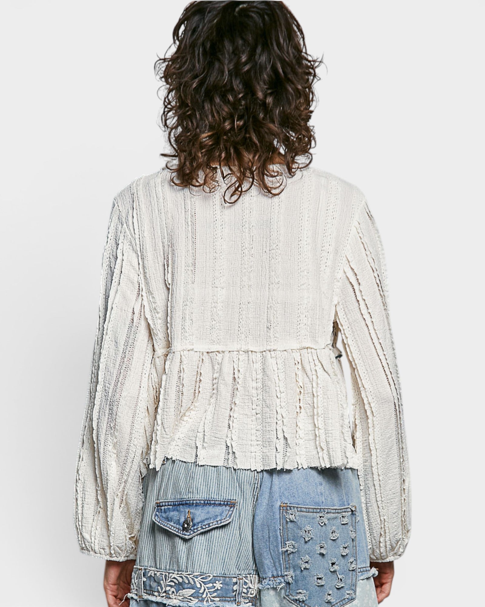 Ivory Mixed Texture Tie-Front Top