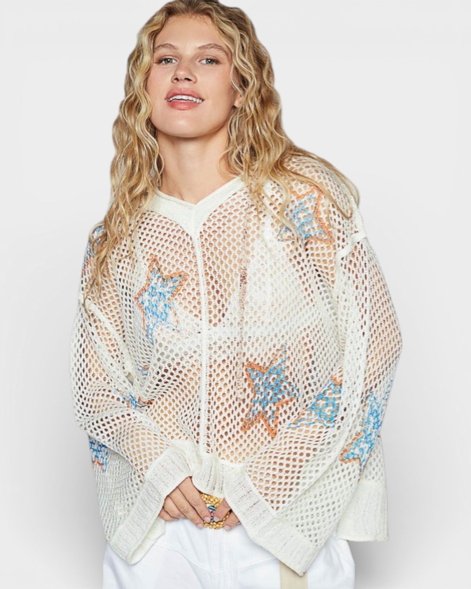 Ivory Star Open Knit Hooded Sweater