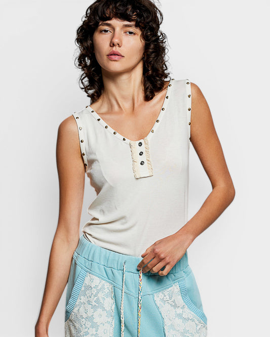 Cream Studded Henley Tank Top