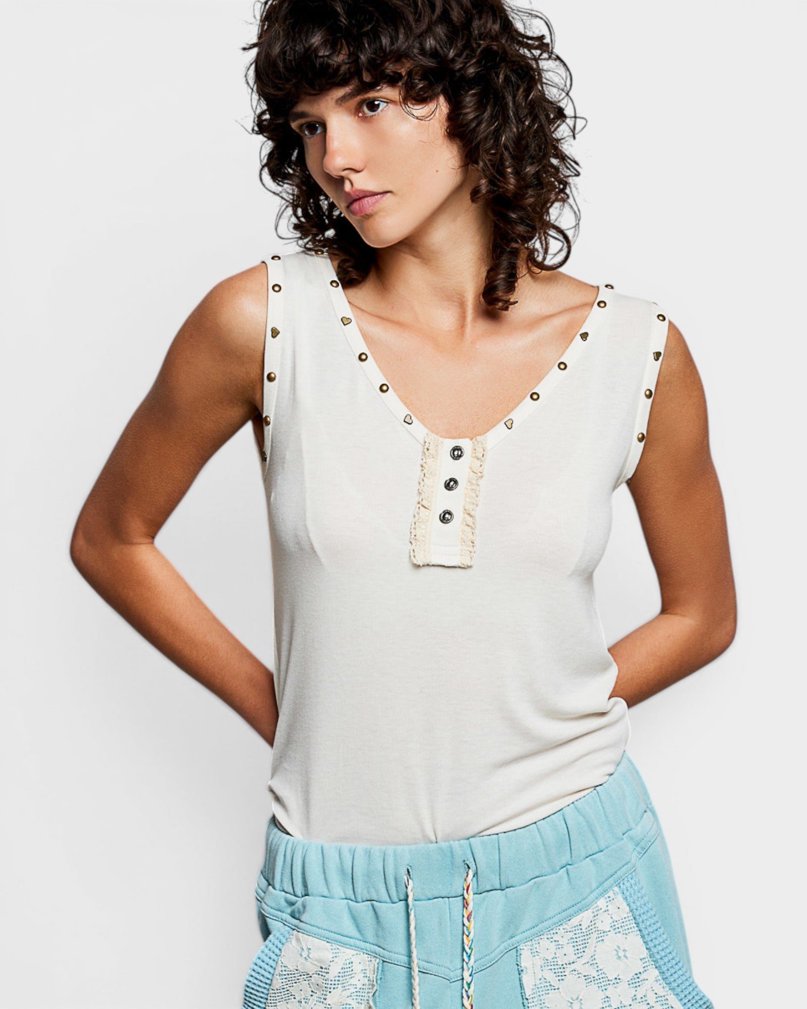 Cream Studded Henley Tank Top